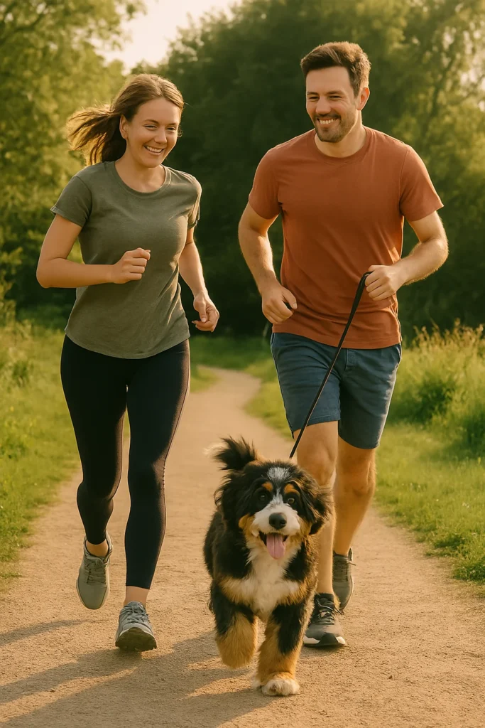 Active dog enjoying a morning walk with owners in a forest trail