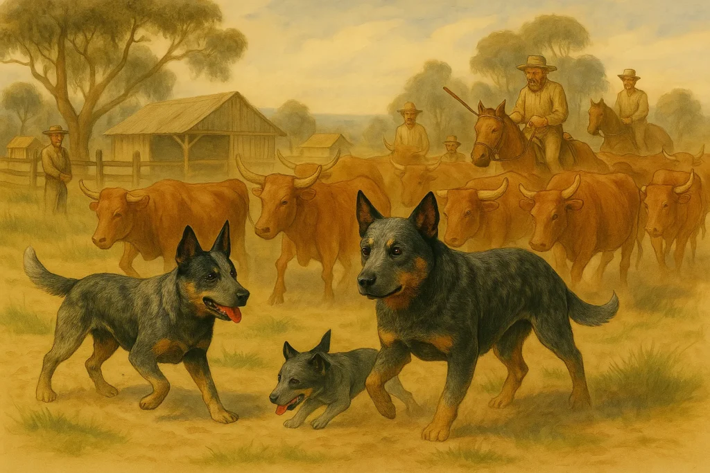 Herding dog guiding cattle on a sunny ranch