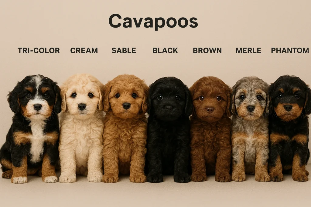 Seven Cavapoo puppies showcasing common coat colors like merle, sable, and tri-color