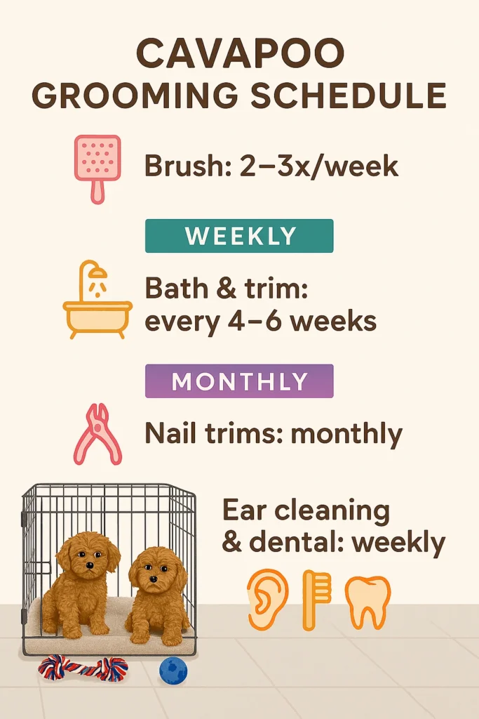 Cavapoo grooming routine with brushing, bathing, dental care